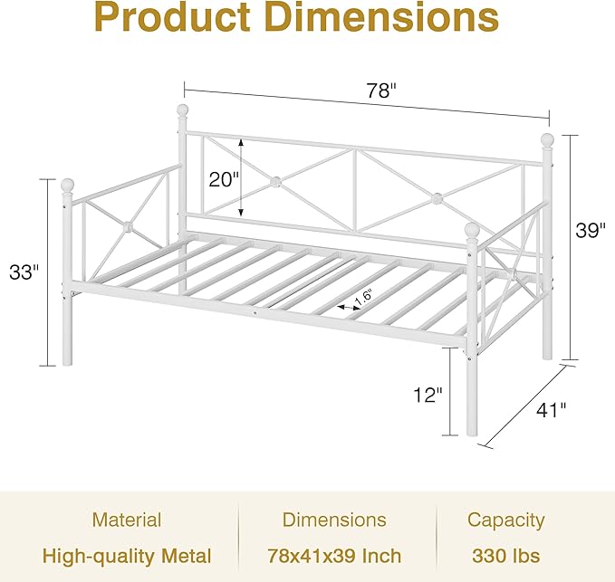 VECELO Twin Daybed Frame, Metal Day Bed with Stylish Headboard, Multifunctional Platform Beds for Bedroom, Living Room, Guest Room, No Boxing Spring Needed, Pure White
