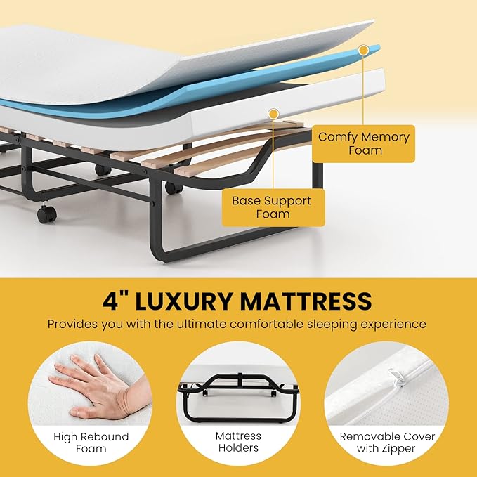 Giantex Folding Bed with Mattress for Adults, Cot Size Rollaway Bed for Guest, Portable Foldable Bed w/Memory Foam Mattress & Metal Frame for Easy Storage, 75"x 31"
