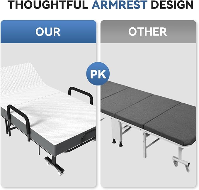 Adjustable Folding Bed with Mattress, 8 Smooth-Rolling Wheels & 2 Armrests, Portable, Foldable Guest Bed for Adults, 75" x 38"