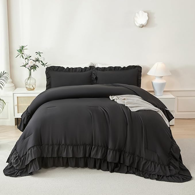 ANGIYUIN 5Pcs Black Full Size Ruffled Bed in Bag Farmhouse Shabby Comforter Set Solid Elegance Bedding Comforter Set with Sheets Soft Lightweight Bed Set for Women Men(Black Full)