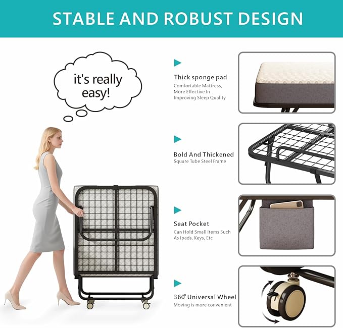 Folding Bed with Mattress for Adults, 75" x 31"Portable Cot-Size Rollaway Bed, Metal Frame Foldable Guest Bed with Memory Foam Mattress,Deluxe Single Beds with Side Storage Pocke