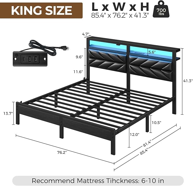 Seventable King Size Bed Frame with Charging Station & LED Lights, Upholstered Headboard with 2-Tier Storage Shelves, Metal Platform with Under Bed Storage, No Box Spring Needed, Easy Assembly, Black