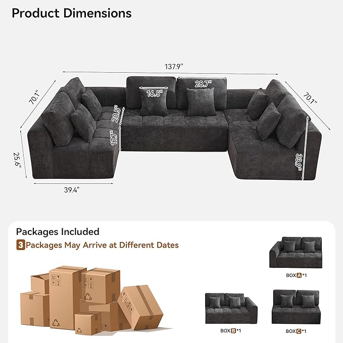 140''Modular Sectional Couches for Living Room, Cloud Boneless Compressed Sectional Sofa, Oversized U Shaped 6 Seater Upholstered Memory Foam Sofa, No Assembly, Chenille Grey