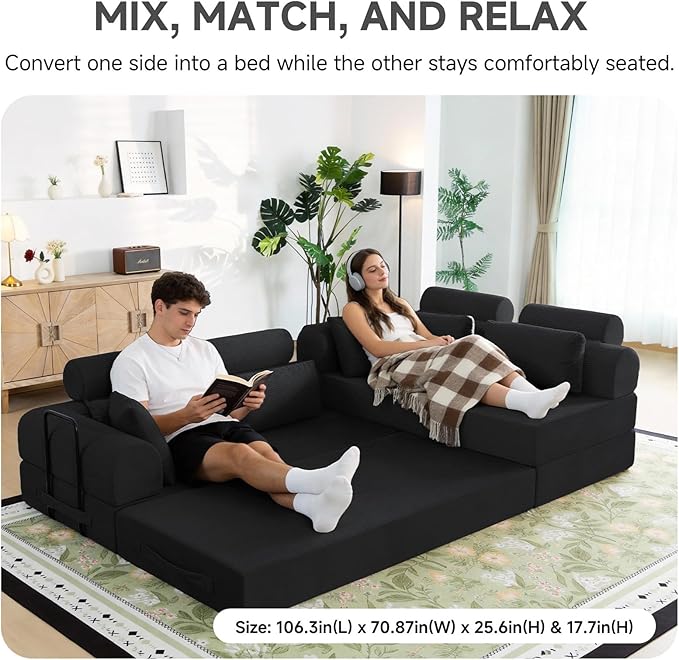 106” L Shaped Boneless Sectional Couch, Two 70.87” Pieces Convert to 141.7” Extra Long Straight Sofa, Corduroy Couch in a Box with Headrest and Back Pillows for Apartment Living Room,Black