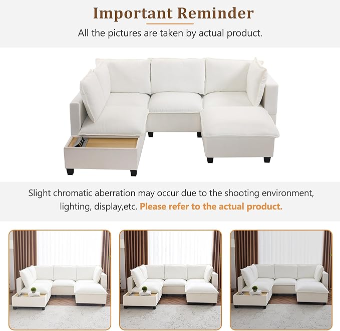Harper & Bright Designs 90" U-Shaped Sectional Sofa Modular Sofa Couch with a Movable Ottoman, a Coffee Table with Hidden Charging Devices for Living Room, White