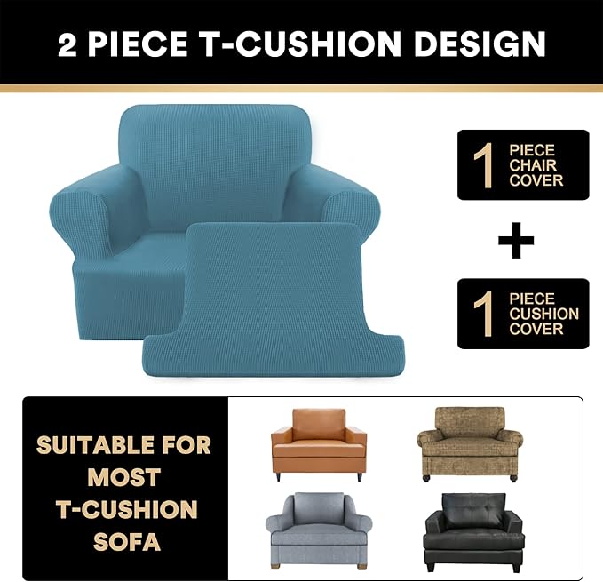 PrinceDeco 2 Pieces T Cushion Sofa Slipcovers Stretch Couch Covers for T Cushion Chair Slipcover Soft Arm Chiar Cover with 1 Individual T Shape Seat Covers Width Up to 40"- Storm Blue