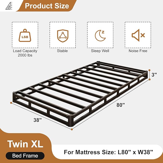 Lutown-Teen 3 Inch Twin XL Box Spring Low Profile, Heavy Duty Metal Box Spring Twin XL Bed Base with Fabric Cover, Mattress Foundation, Noise Free, Easy Assembly
