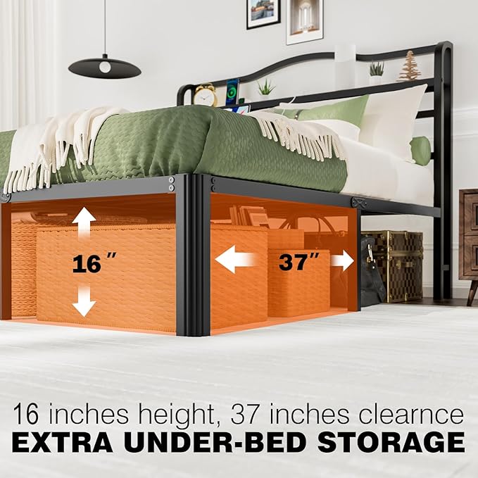 Queen Bed Frame with Headboard & Charging Station 18 Inch Tall Metal Bed Base Heavy Duty Mattress Foundation with Large Storage Space,Black Platform Bed Frames no Box Spring Needed(18 Inch, Queen)