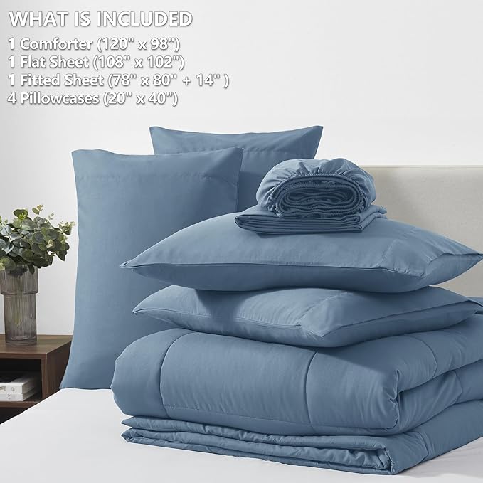 CozyLux Oversized King Comforter Sets Dusty Blue, 7 Pieces Bed in a Bag, Ultra-Soft All Season Bedding Sets with Stitch Quilted Comforter, Flat Sheet, Fitted Sheet, Pillowcases, Grayish Blue