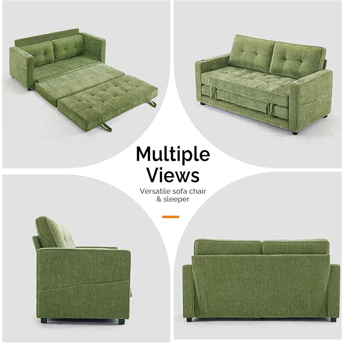 VINGLI Sofa Bed Full Size Pull Out Couch Bed Olive Green Futon Couch 64" W 84" L Loveseat Sleeper Floor Couches for Living Room Convertible Loveseat Sofa Foldable Sofa Bed