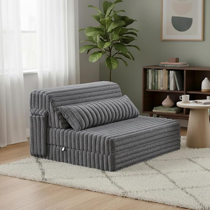 Tiita Folding Sofa Bed Twin Size, Convertible Sleeper Chair Mattress with Pillow, Thick Corduroy Floor Mattress Couch Bed with Side Pocket, Guest Room, Dorm, Apartment, Grey