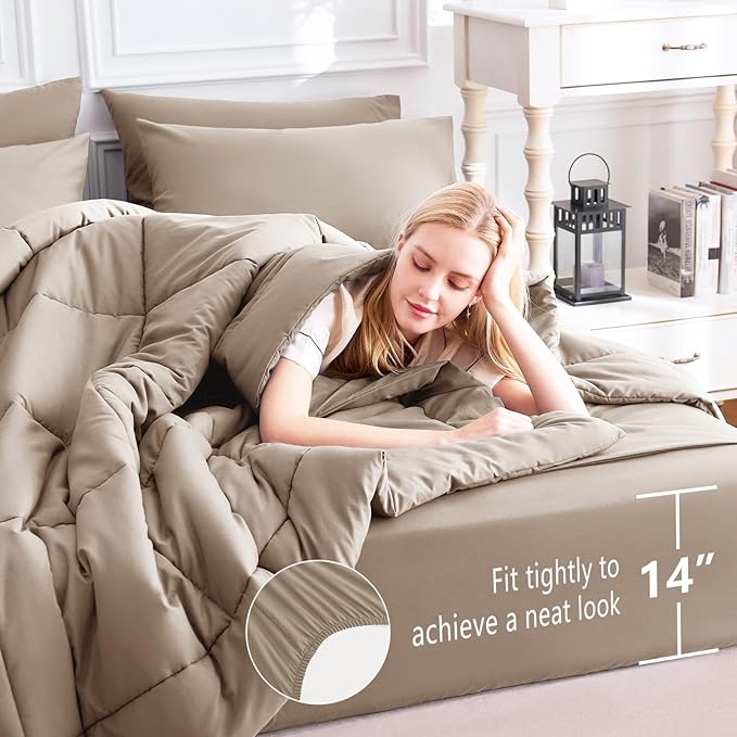 CozyLux Queen Comforter Set Khaki, 7 Pieces Bed in a Bag, Khaki Comforters Queen Size, All Season Bedding Sets with Stitch Quilted Comforter, Flat Sheet, Fitted Sheet, Pillowcases