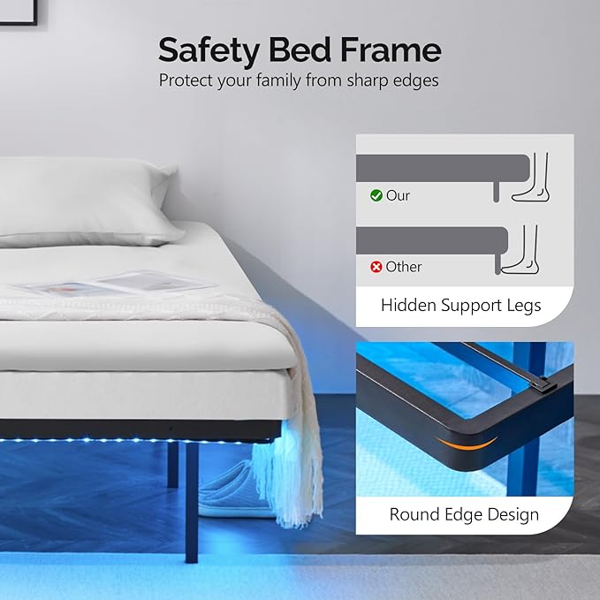 VINGLI Floating Bed Frame King with USB Charging Station/LED Lights, 14'' Platform Bed Frame King Size Heavy Duty Metal Bed, No Box Spring Needed,Black