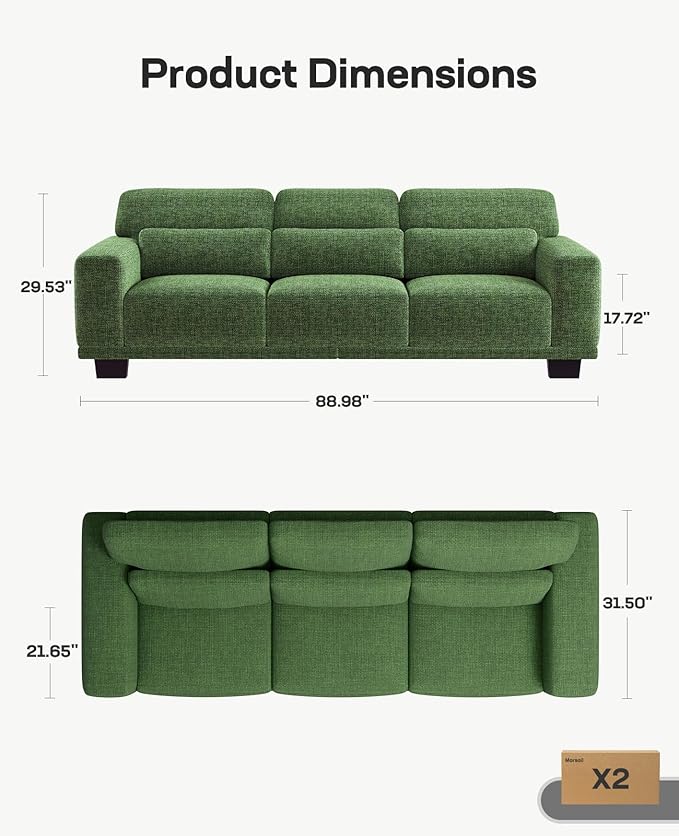 Marsail 89" Couch, 3-Seater Modern Sofa with Deep Seats, Comfy Upholstered Linen Sofas for Living Room, Apartment, Green