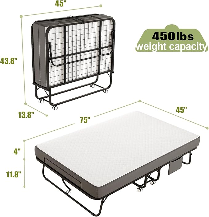 Folding Bed with Mattress for Adults, 75" x 45" XL Twin Rollaway Bed with Memory Foam Mattress, Portable Foldable Guest Bed with Metal Frame, Deluxe Extra Bed with Side Storage Pocket