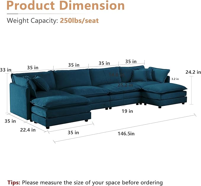 mikibama Modular Sectional Sofa, 146.5 Inch U Shaped Couch Set for Living Room, 4-Seater Comfy Cloud Couches with Two Movable Ottoman, DIY Combination, Chenille, Blue