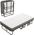 Folding Bed with Mattress for Adults, 75" x 38" Twin Size Rollaway Bed with Memory Foam Mattress, Portable Foldable Guest Bed with Metal Frame, Deluxe Single Bed for Side Storage Pocket