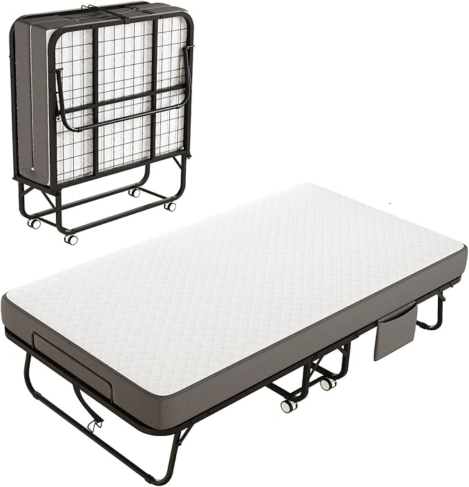 Folding Bed with Mattress for Adults, 75" x 38" Twin Size Rollaway Bed with Memory Foam Mattress, Portable Foldable Guest Bed with Metal Frame, Deluxe Single Bed for Side Storage Pocket