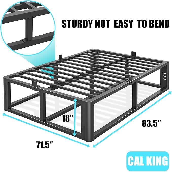 Firpeesy Metal Heavy Duty 18 inch California King Bed Frame with Rounded Corner and Headboard Hole Mattress Retainers 3500 LBS No Box Spring Needed Platform Noise Free Easy Assembly