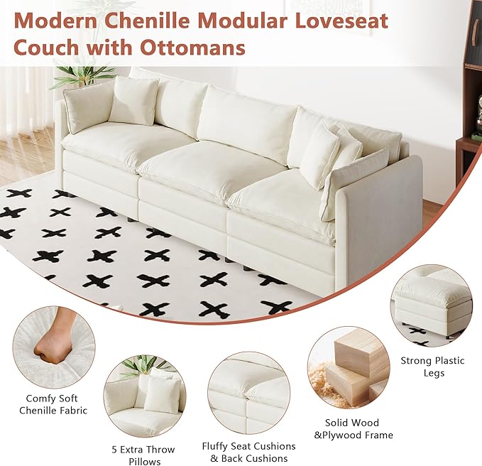 Setawix Chenille Cloud Couches for Living Room,3 Seater Cloud Sofa Couch with Deep Seat,112.2" Roomy Cloud Sofas,Modular Sectional 3 Seat Sofa with Pillows for Bedroom. (Beige, 3 Seater)