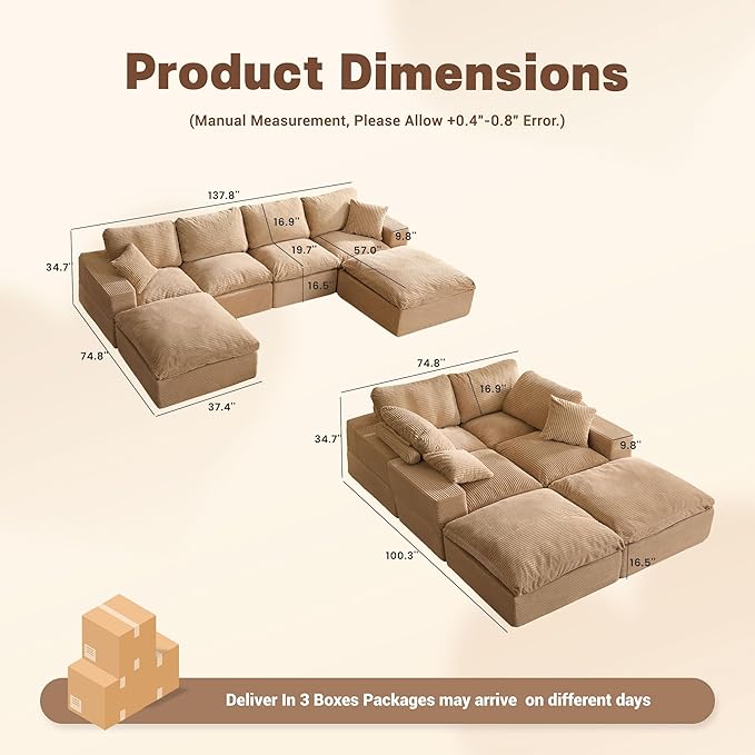 137.8” Sectional Couches for Living Room, Set of Cloud Couch, Modular Sectional Sofa, Convertible Sofas Bed, Deep Seat Sofa, U Shaped Cozy Sofa Furniture Set, Corduroy, Camel