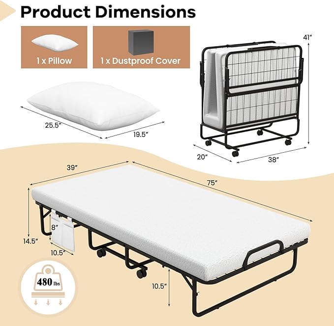 Giantex Folding Bed with Mattress and Top Pillow, Twin Size Portable Guest Beds w/Metal Frame, Storage Pocket, Space-Saving Rollaway Foldable Bed with Memory Foam Mattress for Adults, 75" x 39"