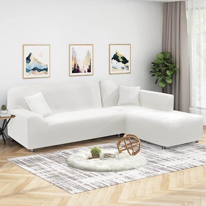 KinCam Sectional Couch Covers L Shape Sofa Covers Super Stretch 2pcs Sofa Slipcovers for 3 + 3 Seaters Sectional Chaise Slipcover with 2pcs Pillow Covers for Pets Kids, White