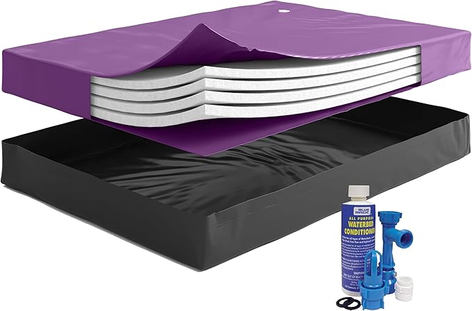 WAVELESS 90%, Super Single Size, Waterbed Hardside Mattress Bundle, Includes Fill & Drain Kit, 8oz. Water Conditioner and Stand-Up Liner, Heavy Duty Vinyl, 48"W x 84"L x 9"H, Frame Not Included.