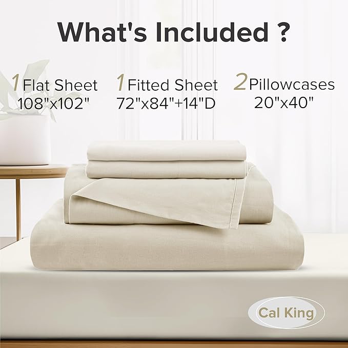 Comfort Spaces 100% Cotton Sheets Cal King, Breathable & Soft Cotton Sheets, Naturally Cool Cotton Bed Sheets with 14" Elastic Pocket Fits up to 16" Mattress, All Seasons Sheet Set, Cream 4 Piece