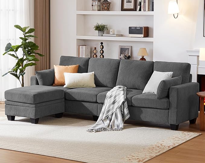 CHIC HOUSE Modular Sectional Sofa with Storage Ottomans, Corduroy Cloud Couch for Small Spaces & Apartments, Reconfigurable L/U Shaped Convertible Corner Sofa (Dark Grey,5 Seater Sectional)