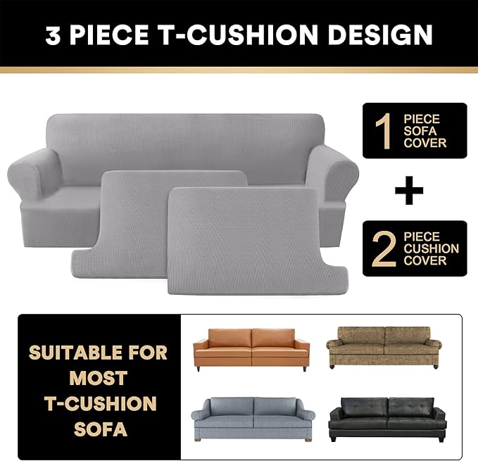 PrinceDeco T Cushion Sofa Slipcover 3 Pieces Sofa Covers for T Cushion Couch Soft Couch Covers Sofa Slip Cover Furniture Covers with 2 Individual T Shape Seat Covers Width Up to 88", Dove