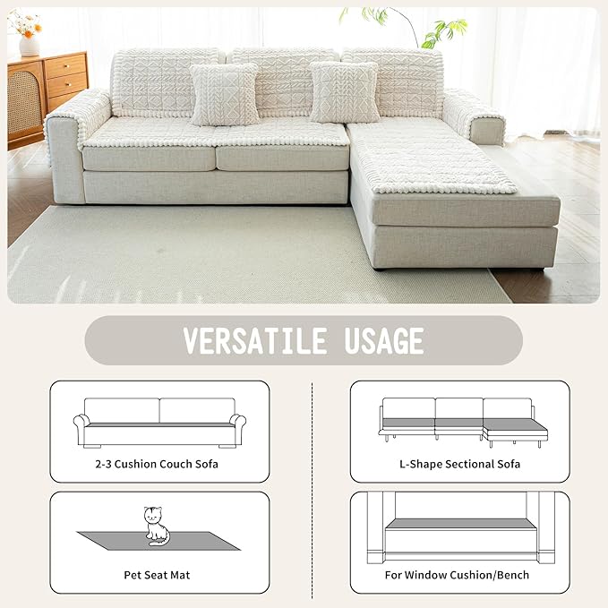 Sofa Pad, Plush Couch Cover Washable for Pet, Non-Slip Warm Couchs Cover, Funny Fuzzy Pet Couch Covers for Sofa, Sofa Slipcovers Furniture Covers for L Shaped(Beige White 27.6"x 82.7")
