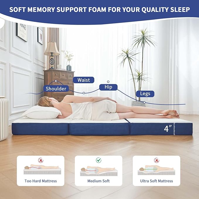 Folding Mattress Twin, 4 Inch Memory Foam Tri-Fold Floor Bed and Futon , Twin Topper with Breathable & Washable Cover, Lightweight Foldable Mattress for Guest Bed,Office Nap,Camping (38" x 75" x 4")