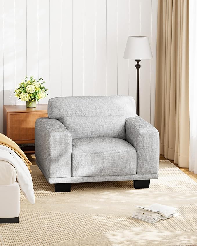 Marsail Single Seater Couch, 40 Inch Sofa with Wide Armrests & Deep Cushions, Modern Linen Fabric Sofas for Living Room, Comfy Upholstered Couch with Removable Washable Covers, Light Grey
