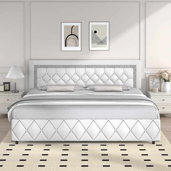 King Bed Frame, Faux Leather Platform Bed with Upholstered Diamond Headboard, Mattress Foundation with Strong Wooden Slats Support, No Box Spring Required, Easy Assembly, White