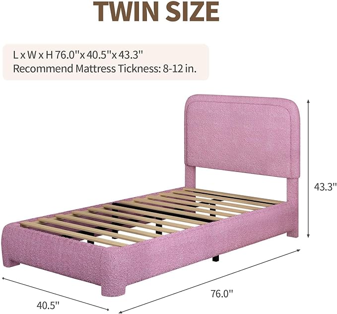 BarnFurin Twin Size Bed Frame, Boucle Upholstered Platform Bed Frame with Headboard, Soft Rounded Corners, No Box Spring Required, Non-Slip and Noise-Free, Easy Assembly, Rose Pink