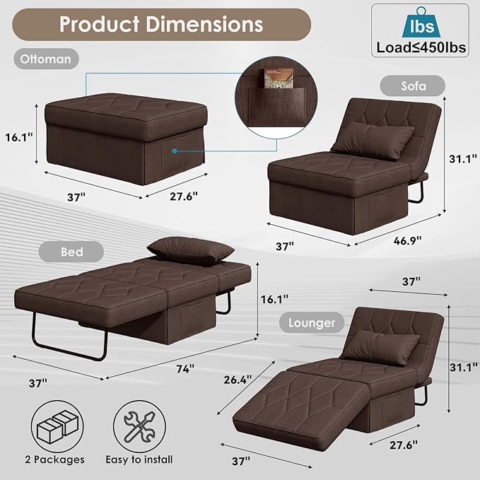 Convertible Sofa Bed with 5-Level Adjustable Backrest, 74" D x 37" W 4-in-1 Folding Ottoman Sleeper Chair Bed, Modern Single Futon Couch for Living Room Apartment Dorm Small Space, Dark Brown