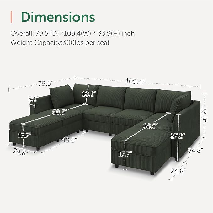 HONBAY Modular Sectional Sofa Couch with Storage, Modern U Shaped Sectional Sofa, Convertible Couches for Living Room - Green