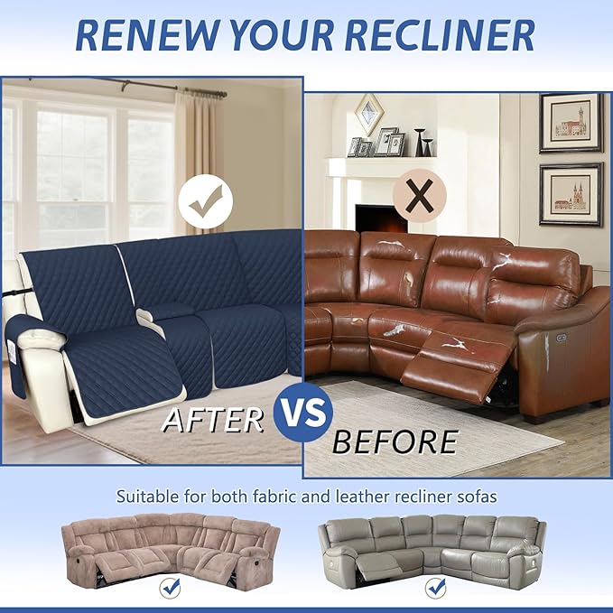 Arfntevss Recliner Sectional Couch Covers 1OO% Waterproof L Shape Sofa Cover for Reclining L Shaped Sectional Slipcover Dog Washable Corner Non Slip Protector (5 Seater with 2 Console, Midnight Blue)