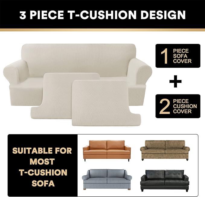 PrinceDeco T Cushion Loveseat Slipcover 3 Pieces Sofa Covers for T Cushion Sofa Stretch Slip Covers for 2 Cushion Couch with 2 Individual T Shape Seat Covers Width Up to 76", Island Fossi
