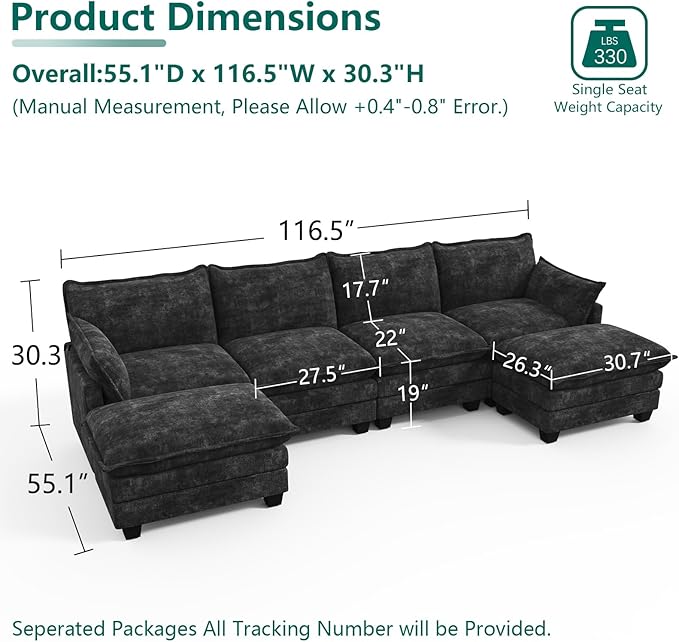 Modular Sectional U Shaped Sofa Couches for Living Room, Cloud Couch with Movable Ottoman, Comfy Chenille Sofa with Pillow for Bedroom and Apartment,Black
