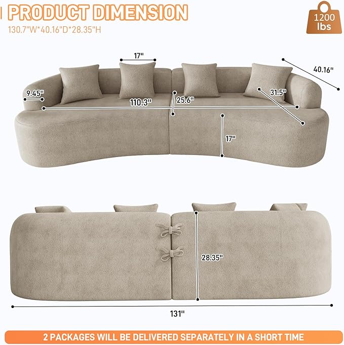 131" Curved Modular Sectional Sofa for Living Room, Modern Chenille Oversized Cloud Couch Sofa, Luxury Plush Extra Deep 4-Seater Boucle Couch for Apartment‌‌, No Assembly Required, Light Brown
