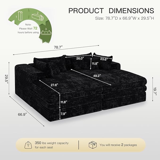 Belffin Double Chaise Lounge Sofa Bed Plush Corduroy Boneless Sectional Cloud Couches for Living Room Boneless Cloud Couch with Deep Seat No Assembly Required. Black Sofa