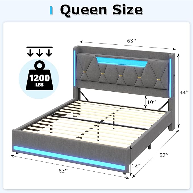 busyaeh Queen Bed Frame with Storage Headboard, Metal Bed Frame with LED Lights & Charging Station, Upholstered Queen Bed with Marshmallow Headboard, No Box Spring Needed, Easy Assembly，Dark Gray