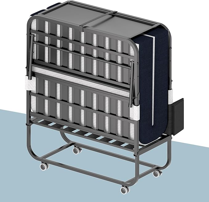 Folding Bed, 74"x31" Portable Beds for Adults, Heavy Duty Sturdy Metal Frame, Foldable Bed on Wheels for Twin Size, Space Saving Rollaway Bed for Guest, Easy Storage(Headboard and Side Storage Pocket)