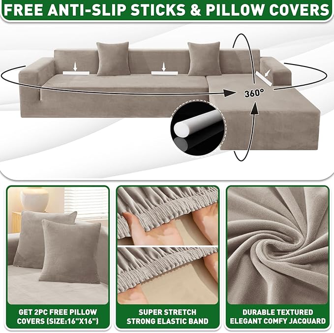 ZNSAYOTX 2026 Soft Velvet Sectional Couch Covers, Luxury Plush Slipcovers with Elastic Bottom for L Shape Sectional Sofa, 2 Pcs Pet Friendly Protector (3 Seat Couch + 3 Seat Chaise, Khaki)