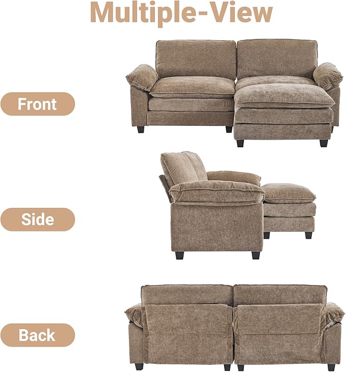VINGLI Convertible Sectional Loveseat Sofa with Deep Seat &Movable 2-Layer Ottoman, Oversized L-shape Cloud Sofa with Chaise & Armrests, 2-Seat Sofa for Small Spaces & Apartment, Chenille, Light-Brown