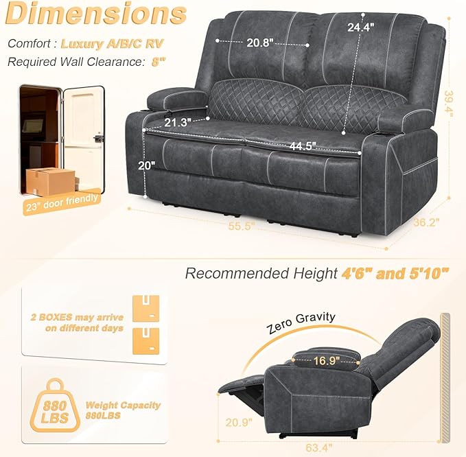 RV Loveseat Recliner Wall Hugger, Manual RV Reclining Loveseat with Removable Armrest, 3X Adjustable Theater Wall Hugger Loveseat Recliners with USB Ports, Cup Holders, Multi-Storage (Velvet,Grey)