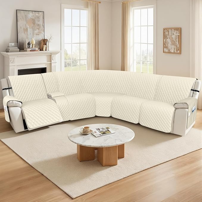 Arfntevss Recliner Sectional Couch Covers 1OO% Waterproof L Shape Sofa Cover for Reclining L Shaped Sectional Slipcover Dog Washable Corner Non Slip Protector (XL 5 Seater with 1 Console, Beige)