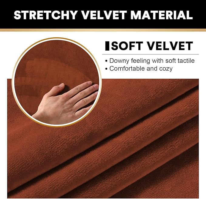PrinceDeco Velvet Couch Cover Loveseat Covers for 2 Cushion Couch 3 Piece Sofa Covers for Dogs Washable Loveseat Covers Width Up to 72 Inch No Slip Stretch Sofa Slipcover(Medium, Rust)